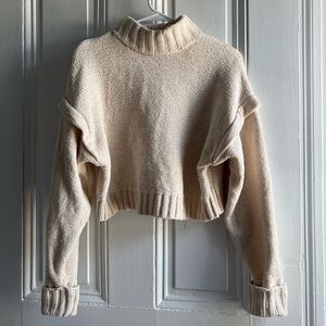 Urban Outfitters Cropped Chenille Drop Shoulder Long Sleeve Sweater in Cream
